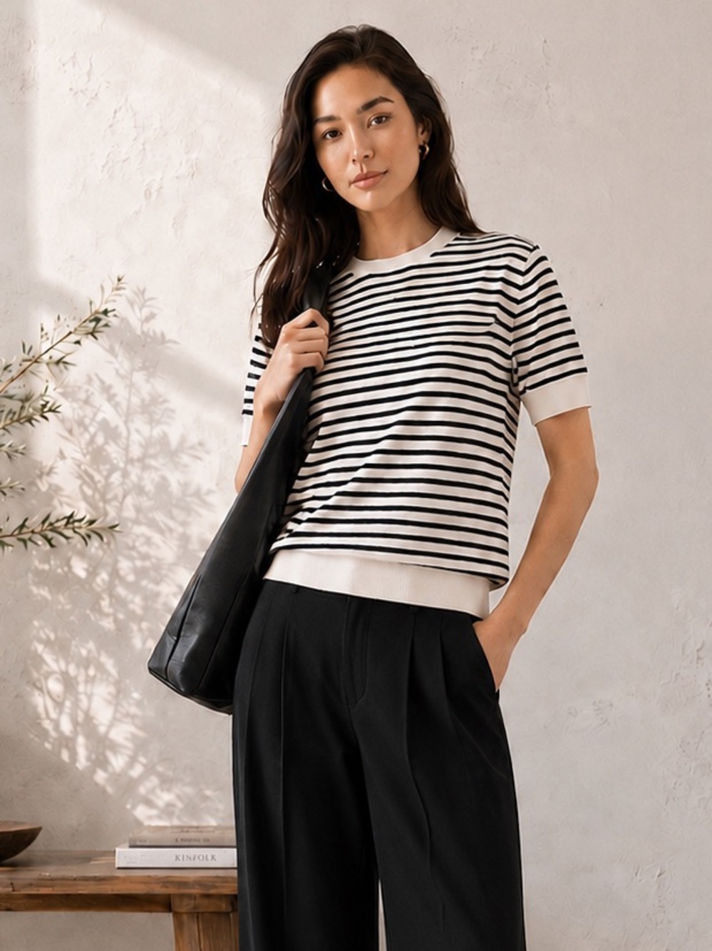 Banana Republic Forever Black Stripe Short-Sleeve Knit Top Size Medium